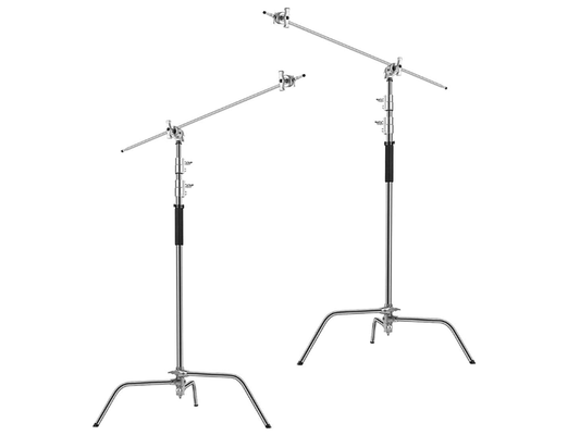 Product shot of two GVM C330 Turtle Base C-stands showing the versatile grip arm kit setup for professional studio lighting.