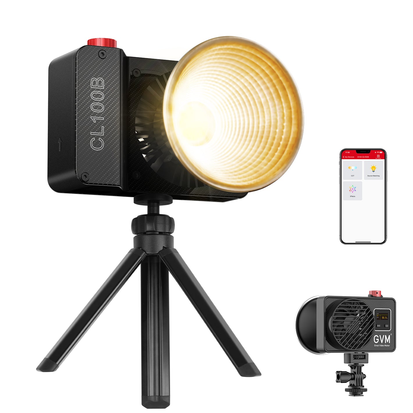 ไฟวิดีโอแอลอีดี GVM 100 วัตต์, ไฟส่องสว่างสำหรับถ่ายภาพมืออาชีพแบบพกพา ให้แสงต่อเนื่อง 2700K~6800K, 18500 ลักซ์ที่ระยะ 1 เมตร พร้อมตัวสะท้อนแสงมาตรฐานสำหรับถ่ายภาพในสตูดิโอ