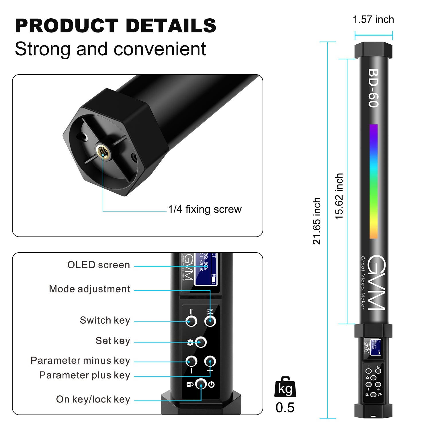 GVM BD60D RGB Handheld LED Video Light Wand Stick Photography Light, Built-in Rechargable Battery,OLED Display Photography Studio Lighting - GVMLED